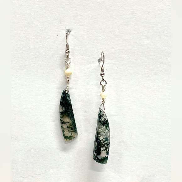 HANDCRAFTED Moss Agate & Mother of Pearl Hand Wrapped Casual Earrings, Gift Her - Picture 6 of 10